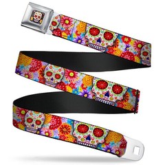 Seatbelt Belt – Sugar Skull Starburst White/Multi Color – 1.0″ Wide – 20-36 I…
