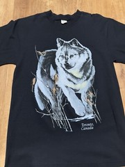 Vintage 90s Wolf Big Print Nature Tee Tshirt Single Stitch Black Mens L Canada