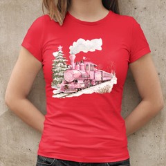 Christmas T-Shirt Pink Train Snowy Winter Scene Mens and Womens Tee #MC