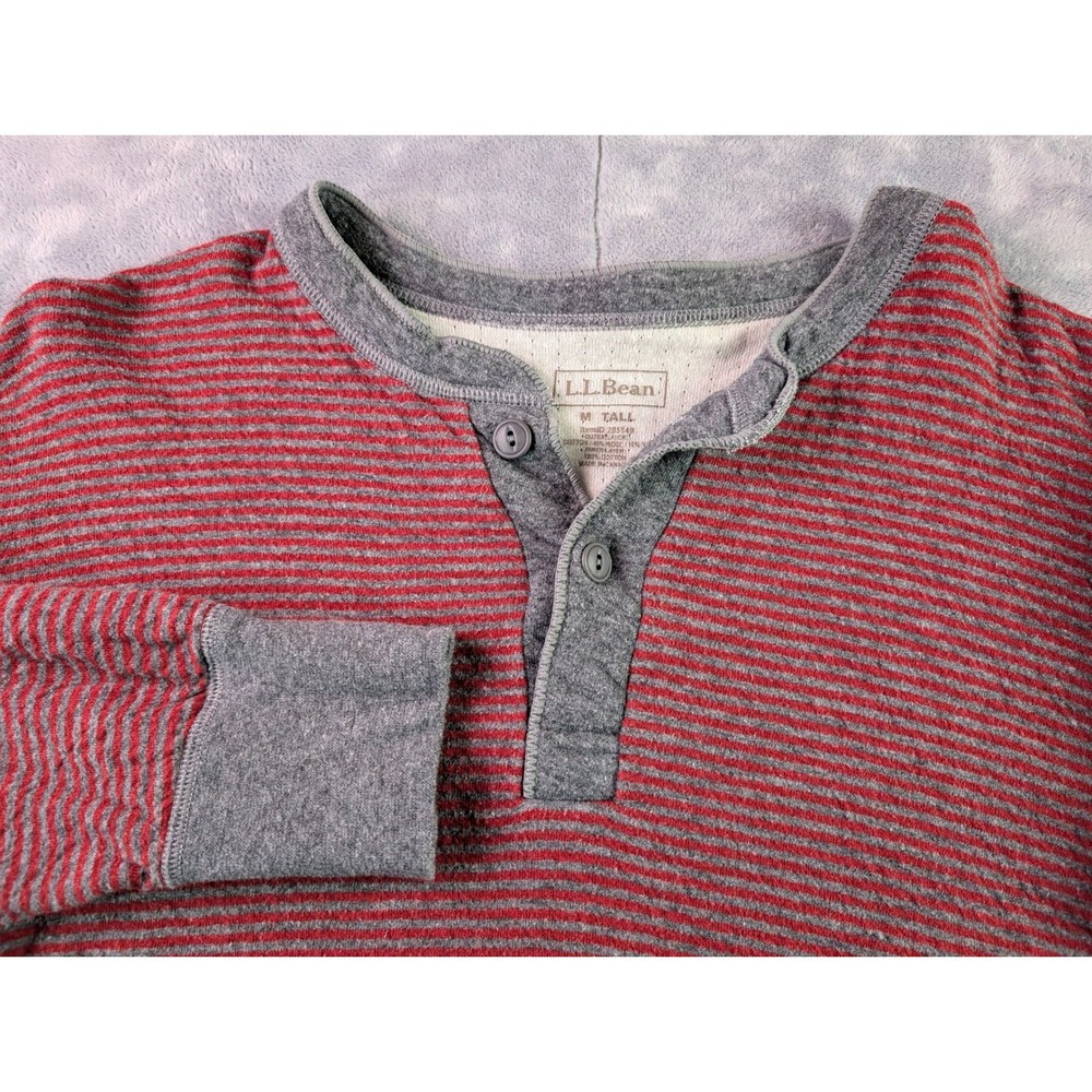 LL Bean Mens Henley Shirt Medium Tall Red Gray Striped Wool Blend 285149 Canada