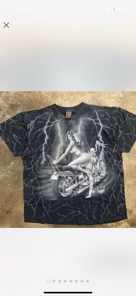 Vintage 80s 90s INSANE 3D Emblem Harley Pin Up Biker Girl Lightening XL Tshirt