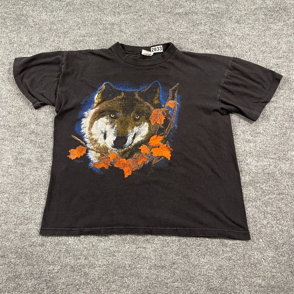 Vintage 90s Springhill Wild Wolf Autumn Art Shirt Large 22×22 Boxy Black