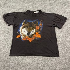 Vintage 90s Springhill Wild Wolf Autumn Art Shirt Large 22×22 Boxy Black