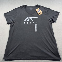 ASICS Stripes V-Neck Short Sleeve Graphic Logo T-Shirt Black XXL Cotton Blend