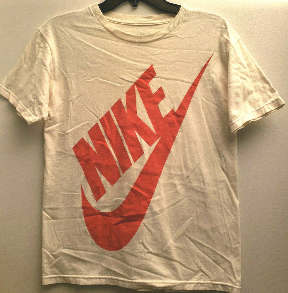 NIKE WHITE TEE SHIRT WITH FULL LENGTH RED SWOOSH LOGO SHORT SLEEVE ADULT SIZE S