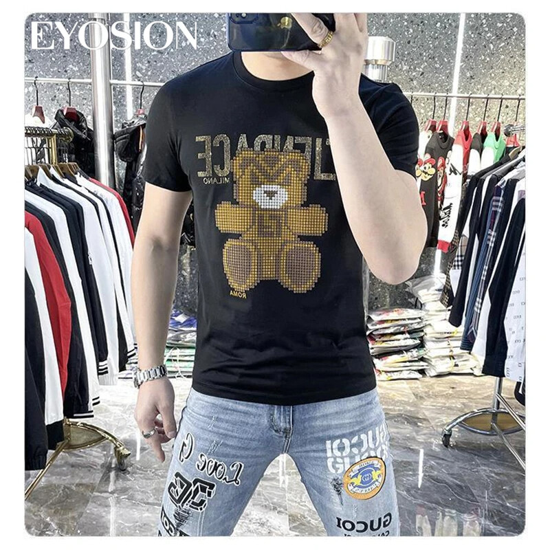 New Fashion Bear Trend Rhinestones Summer Short Sleeve Luxury Men Cotton T-Shirt