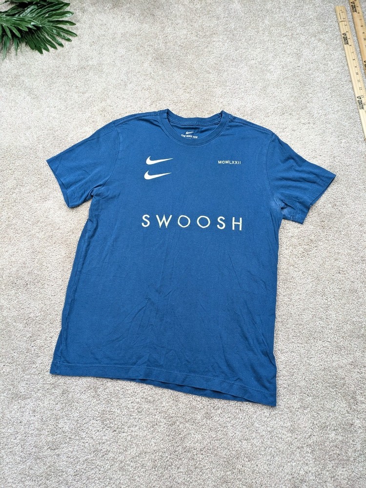 Nike Double Swoosh Tee Shirt Mens M Medium Blue Crew Embroidered Cotton Roman
