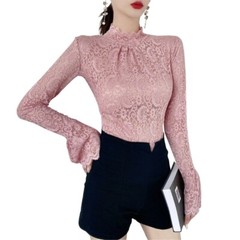 Women Long Sleeves Blouse Turtleneck T-shirt Stretch Lace Bottoming Tops