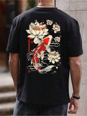 Men’S Casual Short-Sleeve T-Shirt Featuring a Koi Fish And Lotus Flower Print