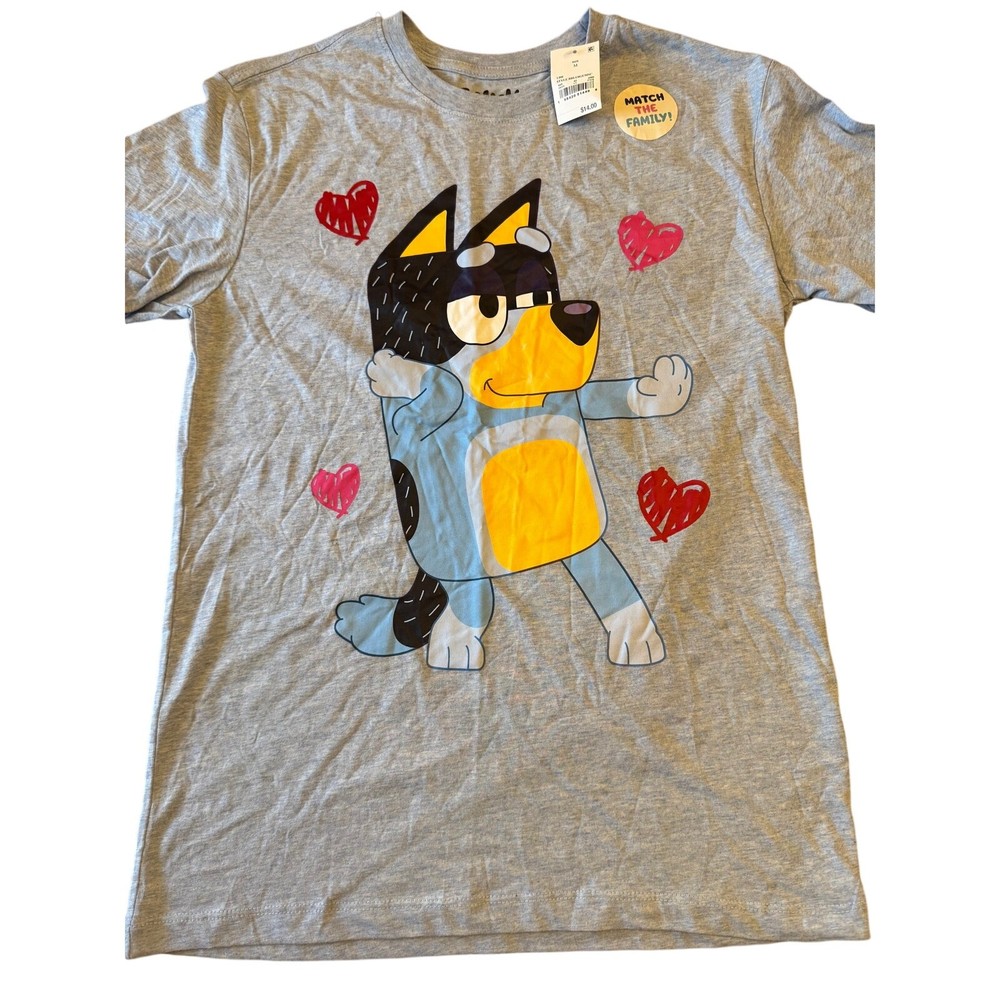 Bluey Men’s Bandit Bingo Family Hearts T-Shirt Heart Size Medium Color Gray
