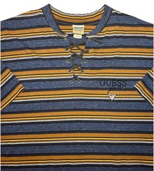 Vintage 90s GUESS Striped Ghillie Neck T Shirt Lace Up USA Made Cotton Men’s XL