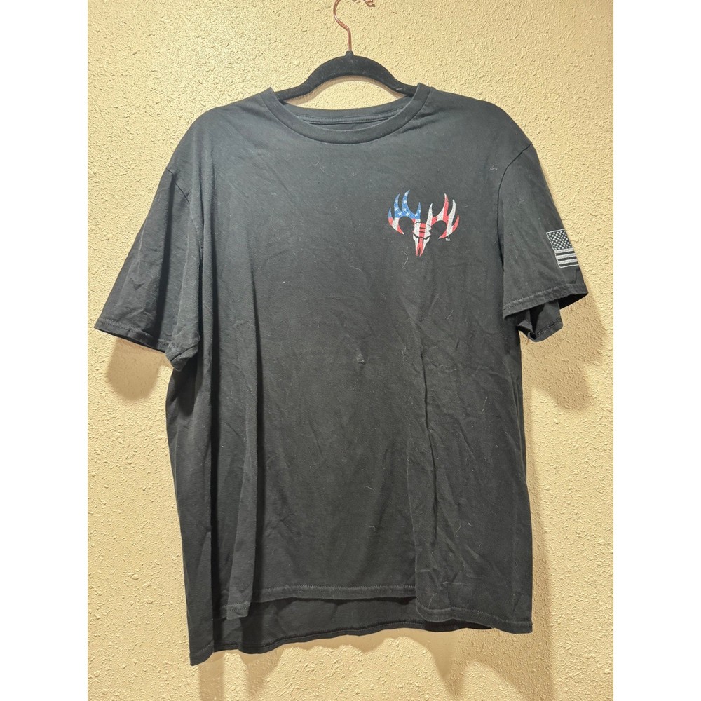 Buck Wear Mens Black Lab Red White and True American Flag Deer Skull T-Shirt LG