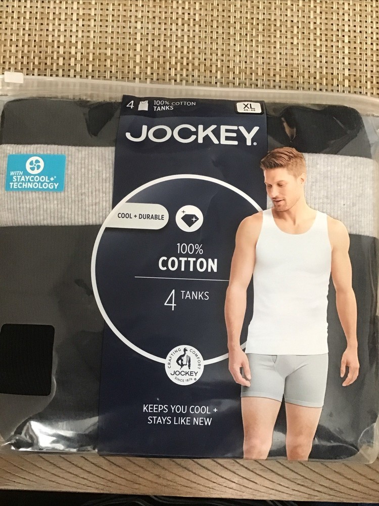 Jockey 4 Cotton Tanks Black /Gray XL 46-48 Brand New Sealed