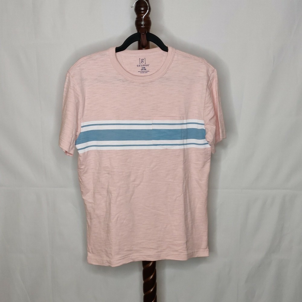 George size S(34-36) men’s t-shirt pink with blue/white stripes crew neck pocket