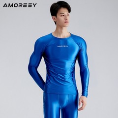 AMORESY Men Glossy Satin Oil Long-Sleeve Fitness T-Shirt Round Neck Running Tops