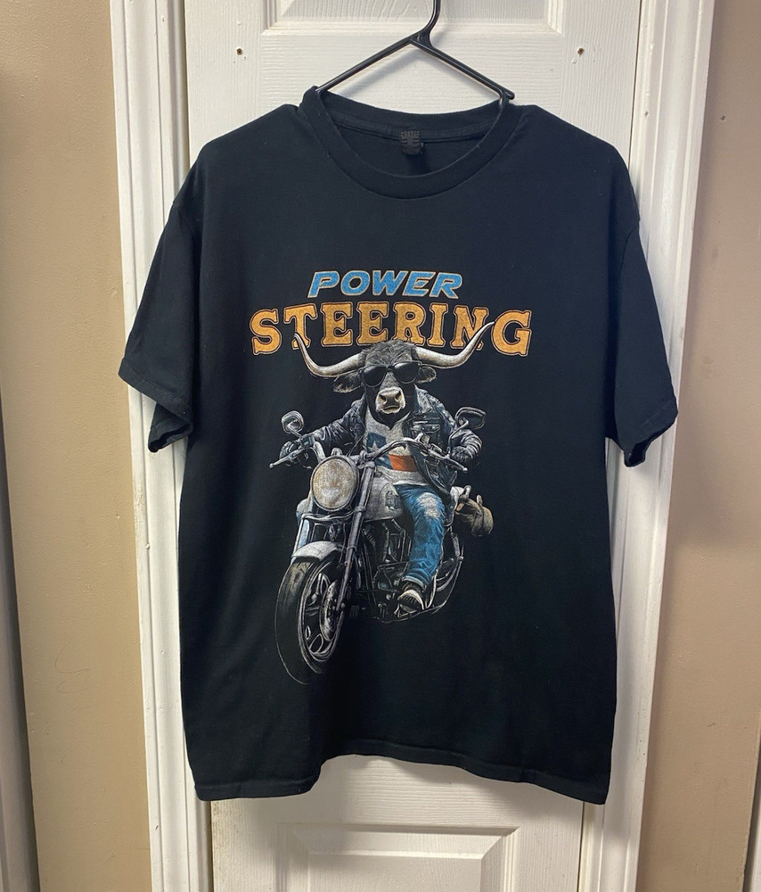 Gildan Men’s L Black Power Steering Motorcycle Graphic Crew Neck Tee