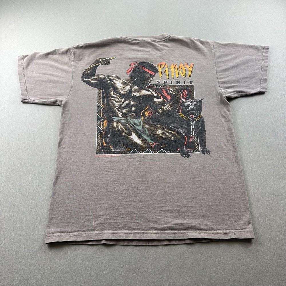 Vintage Filipino Strength T-Shirt Mens Medium Beige Pinoy Spirit Dog Warrior 90s