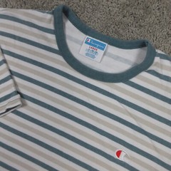 Champion Shirt Mens Large Green Striped Ribbed Collar Embroidered Logo Sport Tee
