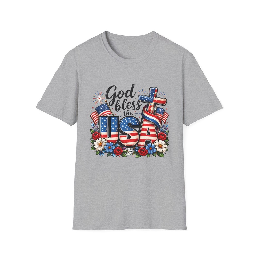 God Bless the USA T-Shirt | Patriotic Flag Cross Floral Design