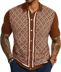 Men’s Vintage Knitted Polo Shirt 70s Style Contrast Color Short Sleeve Casual