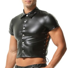 Mens PU Leather Side Lace-up Shirts Vest Turn-down Collar Dance Club Crop Tops