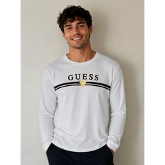 GUESS Mens White Long Sleeve Graphic Logo Tee Shirt Gold Foil Navy Stripe M Y2K