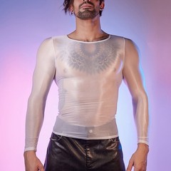 Sexy Lingerie Men’s Oil Shiny Long Sleeve Sheer Tights O Neck Top Shirt