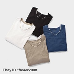 Hot Mens Long-Sleeved T-Shirts New Cotton V-Neck Solid Color Casual Slim Tops