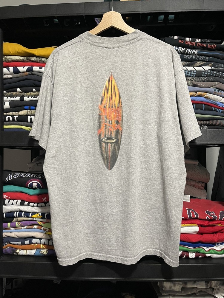 GRAIL Oakley Software Vintage Grey T Shirt Size X Large Flaming Surfboard Skull