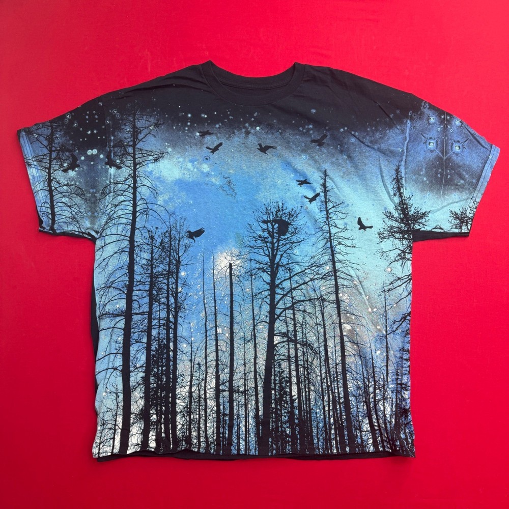 Tony Hawk Mens XXL Graphic T-Shirt Blue Forest Night Sky Birds Nature Print