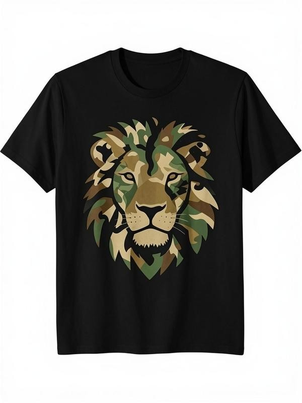 Men Black Animal Camo Cotton Crew Neck Short Sleeve Summer Dad Tee