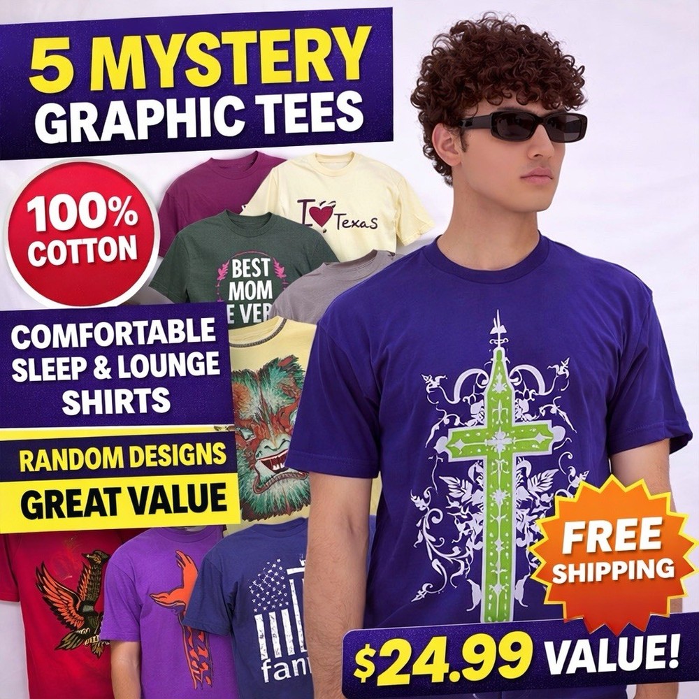 Men’s Graphic T-Shirts 5 Pack Mystery 100% Cotton Tees GREAT VALUE! Comfort Wear