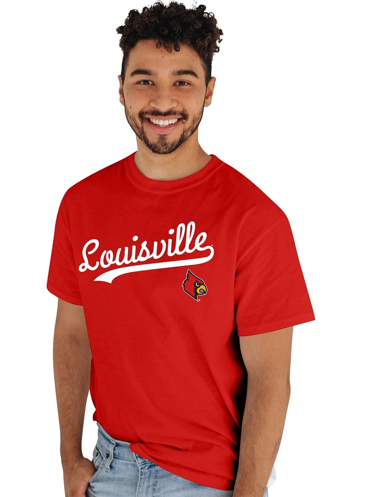 Blue 84 Mens Louisville Cardinals T-Shirt Cursive Team Color Team Color X-Large