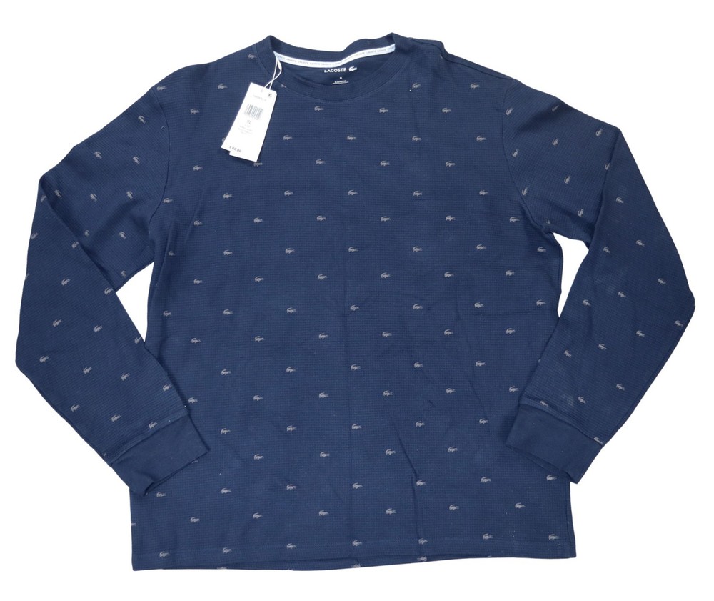 Lacoste Waffle Knit Long Sleeve All-Over Logo Print Mens Sleep Shirt XL NWT Blue