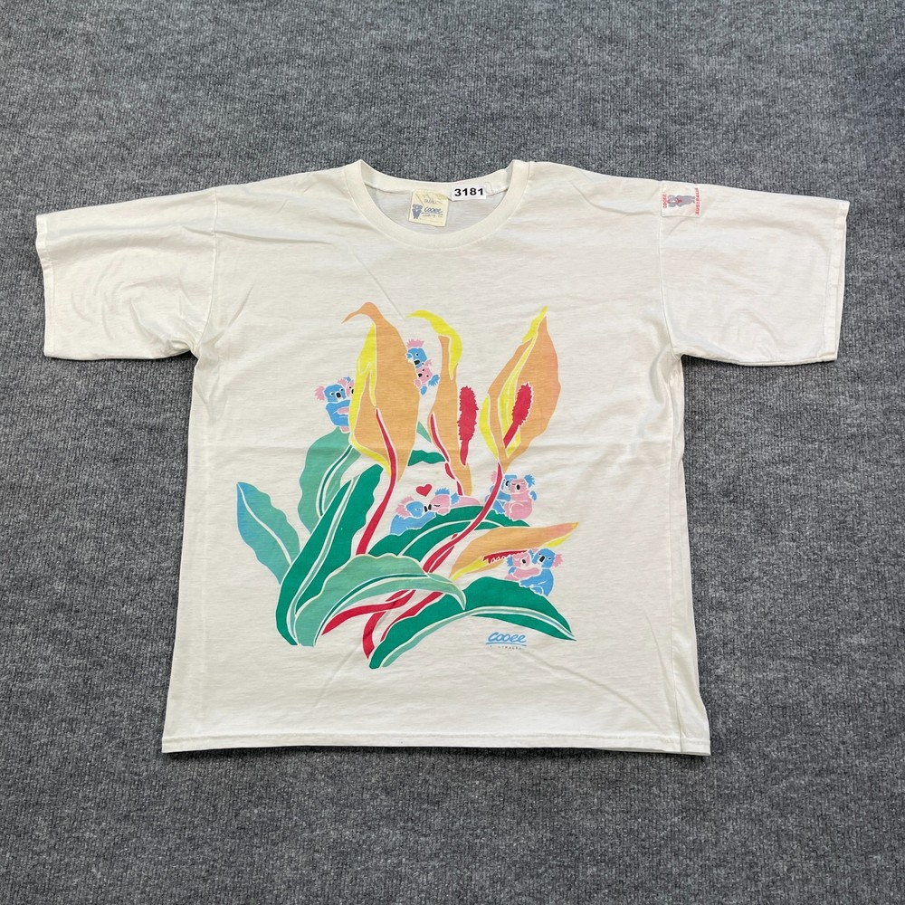Vintage 90s Cooee Australia Koala Flower Shirt Small 21×24 White