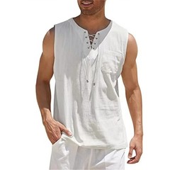 Men Cotton Linen Sleeveless Tank Top Retro V Neck Lace Up Casual Shirt UV Gift