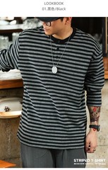 American Casual Striped Men Loose Retro Henry Collar Long-Sleeved T-Shirt Autumn