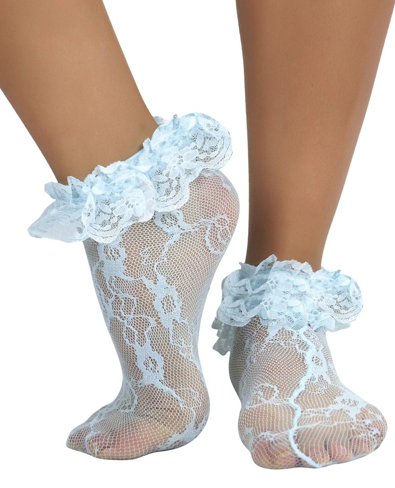 Women’s Lace Ruffle Ankle Hi – Baby Blue – One Size Regular
