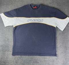 Rusty Men’s M Navy/Gray/Yellow Colorblock Logo Crew Neck Short Sleeve T-Shirt