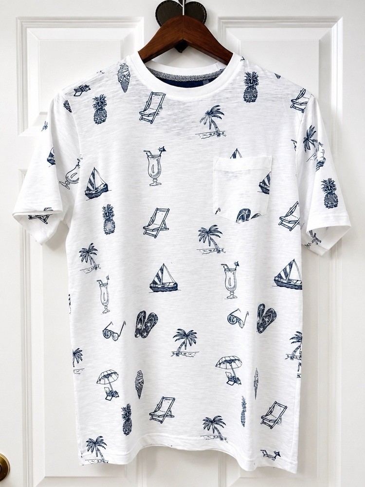 Free Planet Men’s M White/Blue Cotton Crew Neck Short Sleeve Beach Tropical Tee