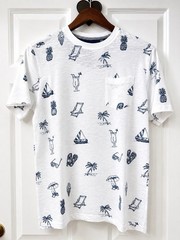 Free Planet Men’s M White/Blue Cotton Crew Neck Short Sleeve Beach Tropical Tee