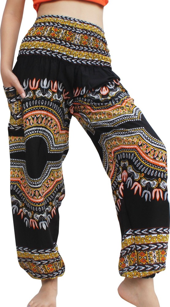 Smocked Waist Harem Baggy Pants, , Rayon Elephant Boho Yoga, 3X-Large, Dashik…