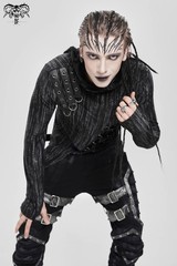 Devil Fashion Men Black And Gray Striped Gothic Asymmetric Hooded T-Shirt Tops