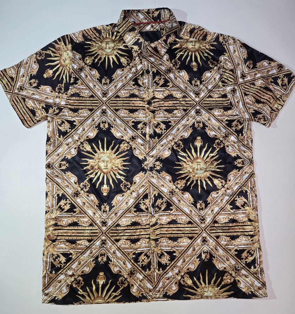 BAROQUE GOLD MEDUSA Mens L Shirt Y2K Button Up Italian Designer Geometric