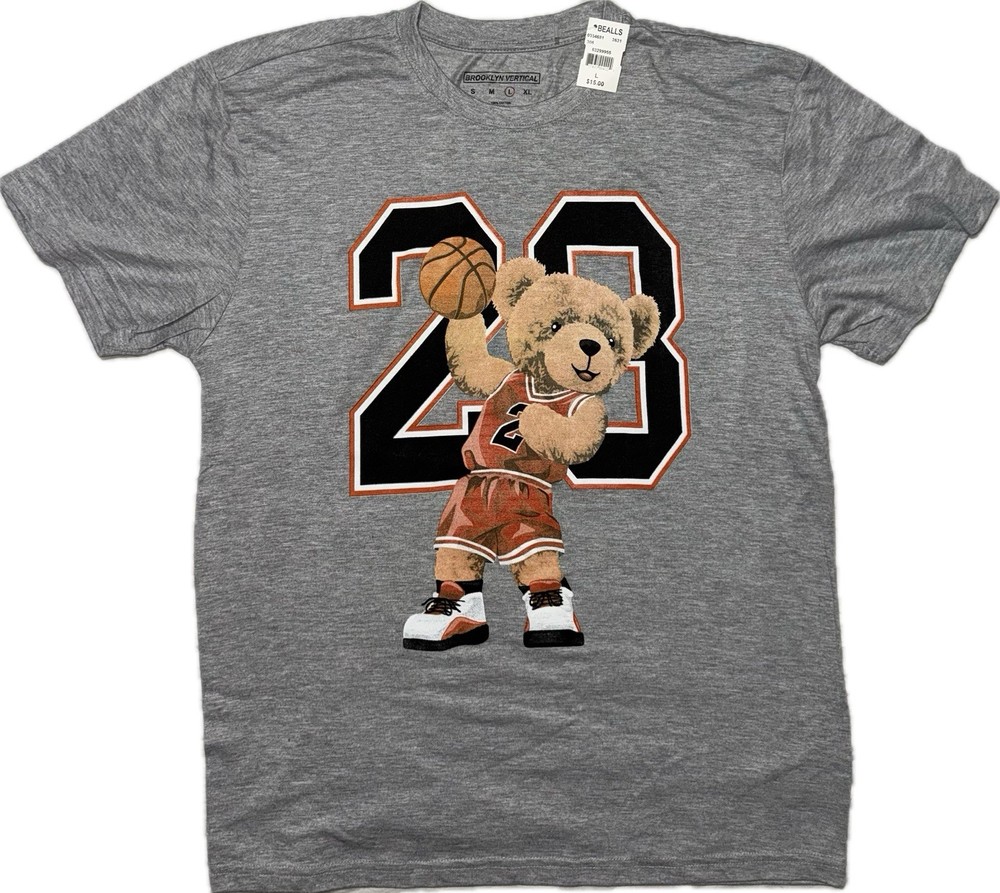 Brooklyn Vertical Men’s 100% Cotton Bear Basketball Graphic Gray Shirt Sz L NWT