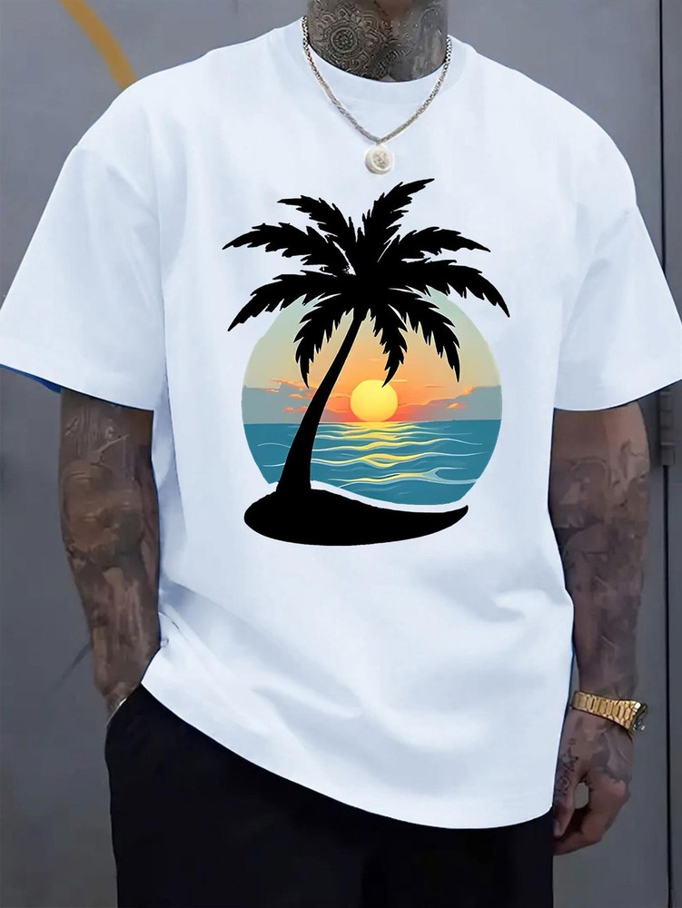 Unisex Tropical Palm Tree T-shirt Beach Sunset Print Round Neck Short Sleeve ❀