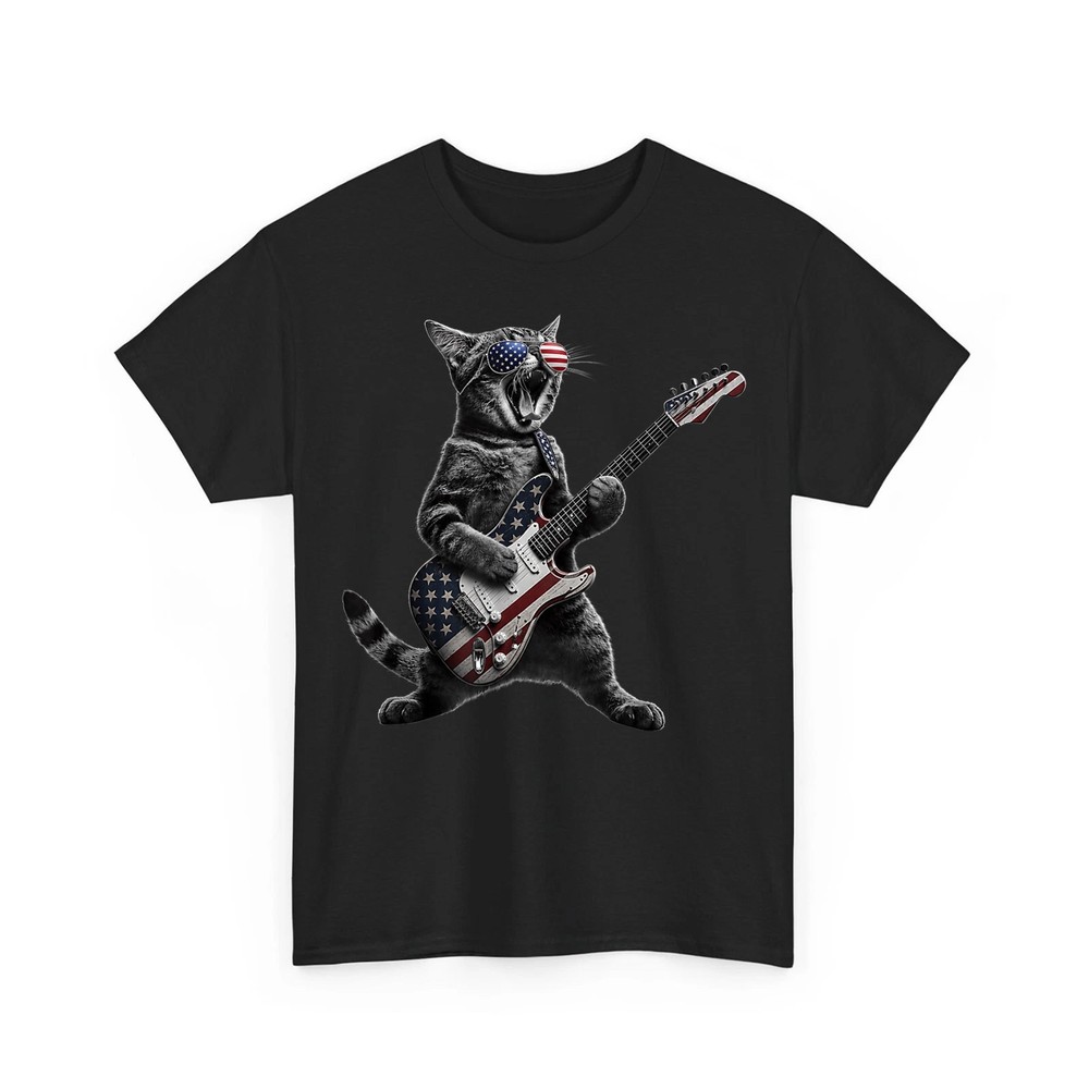 Funny Cat Guitar Rock On Patriotic 4th Of July American Flag Unisex T-Shirt