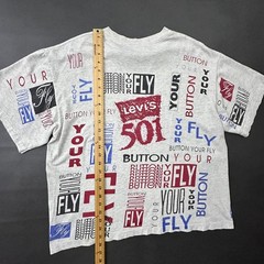 Vintage Levis 501 T Shirt Mens XL Gray All Over Print Made in USA Boxy Crop 90s