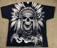 Vintage Y2K Native American Skull Mens 2XL Black Short Sleeve Shirt AOP Horses