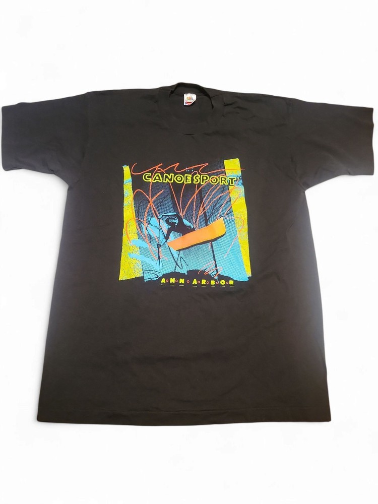 Vintage Fruit Of The Loom Canoe Sport Black XL Shirt Ann Arbor Made In USA